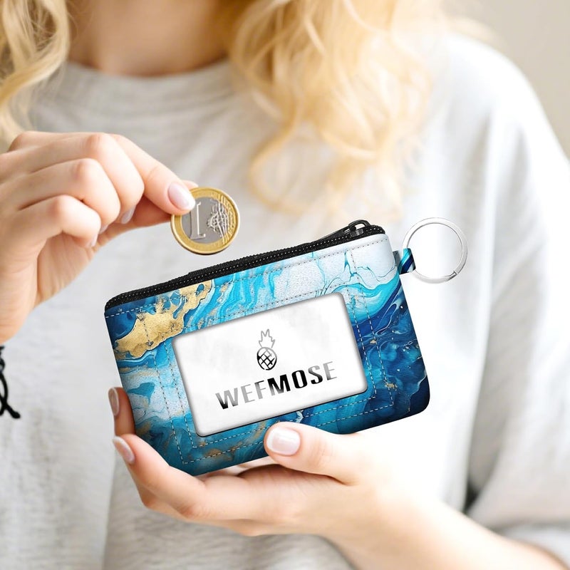 WEFMOSE Small Wallet Keychain with Clear ID Window Zipper Cute ID Case Coin Purse for Women Water Resistant Coin Pouch-Marble-Blue Keychain Wallet - Image 2